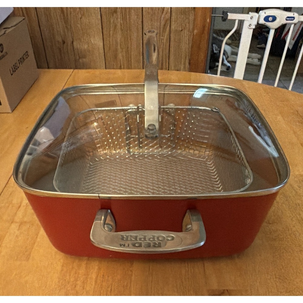 Red Copper Square Non-Stick Frying Pan Set w/ Lid & Fryer Basket, 3pc